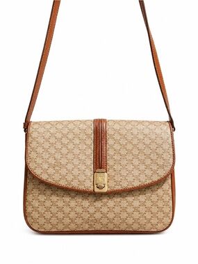 Celine Beige Canvas Triomphe Shoulder Bag with Brown Trim